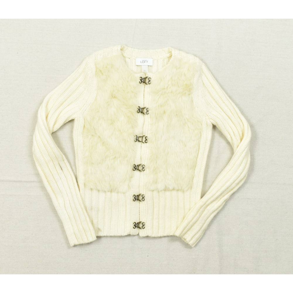 Ann Taylor LOFT Women's Small Ivory Ribbed Wool Blend Cardigan Faux Fur Trim